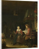 Interior with a man reading and a woman spinning yarn by Domenicus van Tol