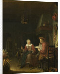 Interior with a man reading and a woman spinning yarn by Domenicus van Tol