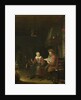 Interior with a man reading and a woman spinning yarn by Domenicus van Tol