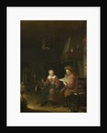 Interior with a man reading and a woman spinning yarn by Domenicus van Tol