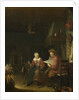 Interior with a man reading and a woman spinning yarn by Domenicus van Tol