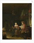 Interior with a man reading and a woman spinning yarn by Domenicus van Tol