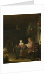 Interior with a man reading and a woman spinning yarn by Domenicus van Tol