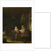 Interior with a man reading and a woman spinning yarn by Domenicus van Tol