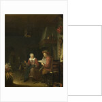 Interior with a man reading and a woman spinning yarn by Domenicus van Tol