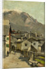 Houses on a road, behind a high mountain (Innsbruck?) by Geo Poggenbeek
