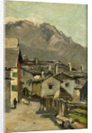 Houses on a road, behind a high mountain (Innsbruck?) by Geo Poggenbeek