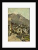 Houses on a road, behind a high mountain (Innsbruck?) by Geo Poggenbeek