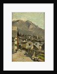 Houses on a road, behind a high mountain (Innsbruck?) by Geo Poggenbeek