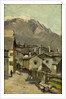 Houses on a road, behind a high mountain (Innsbruck?) by Geo Poggenbeek