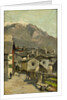 Houses on a road, behind a high mountain (Innsbruck?) by Geo Poggenbeek