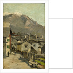 Houses on a road, behind a high mountain (Innsbruck?) by Geo Poggenbeek