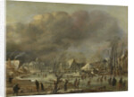 Snowfall on a village beside a frozen canal by Aert van der Neer