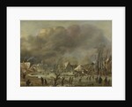 Snowfall on a village beside a frozen canal by Aert van der Neer