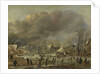 Snowfall on a village beside a frozen canal by Aert van der Neer