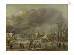 Snowfall on a village beside a frozen canal by Aert van der Neer
