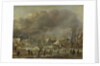 Snowfall on a village beside a frozen canal by Aert van der Neer