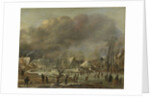 Snowfall on a village beside a frozen canal by Aert van der Neer
