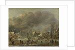 Snowfall on a village beside a frozen canal by Aert van der Neer