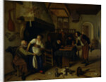 Interior of an inn with an old man amusing himself with the landlady and two men playing backgammon, known as 'Two kinds of games' by Jan Havicksz. Steen
