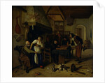Interior of an inn with an old man amusing himself with the landlady and two men playing backgammon, known as 'Two kinds of games' by Jan Havicksz. Steen