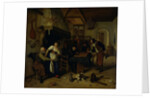 Interior of an inn with an old man amusing himself with the landlady and two men playing backgammon, known as 'Two kinds of games' by Jan Havicksz. Steen