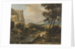 Mountainous landscape with fisherman by Roelant Roghman