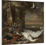 Hunting and Fruit Still Life next to a Garden Vase, with a Monkey, Dog and two Doves by Jan Weenix