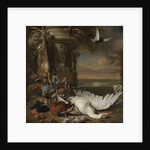 Hunting and Fruit Still Life next to a Garden Vase, with a Monkey, Dog and two Doves by Jan Weenix