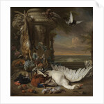 Hunting and Fruit Still Life next to a Garden Vase, with a Monkey, Dog and two Doves by Jan Weenix