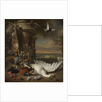 Hunting and Fruit Still Life next to a Garden Vase, with a Monkey, Dog and two Doves by Jan Weenix