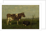 A cow with her calf in a meadow by Jan Vrolijk