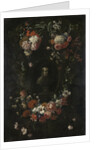 Garland of Flowers surrounding Portrait of Hieronymus van Weert, Martyr of Gorkum by David Teniers II
