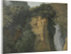 Overgrown Cliffs with a Waterfall in Italy, perhaps at Tivoli by Hendrik Voogd