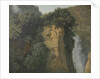 Overgrown Cliffs with a Waterfall in Italy, perhaps at Tivoli by Hendrik Voogd
