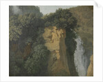 Overgrown Cliffs with a Waterfall in Italy, perhaps at Tivoli by Hendrik Voogd