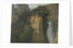 Overgrown Cliffs with a Waterfall in Italy, perhaps at Tivoli by Hendrik Voogd