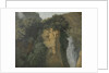 Overgrown Cliffs with a Waterfall in Italy, perhaps at Tivoli by Hendrik Voogd