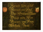 Calligraphed Saying Flanked by two Tulips by Isaac Hondius