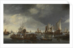 Harbor with Sailboats and Ferry Boat by Hendrick Jacobsz. Dubbels