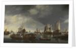 Harbor with Sailboats and Ferry Boat by Hendrick Jacobsz. Dubbels