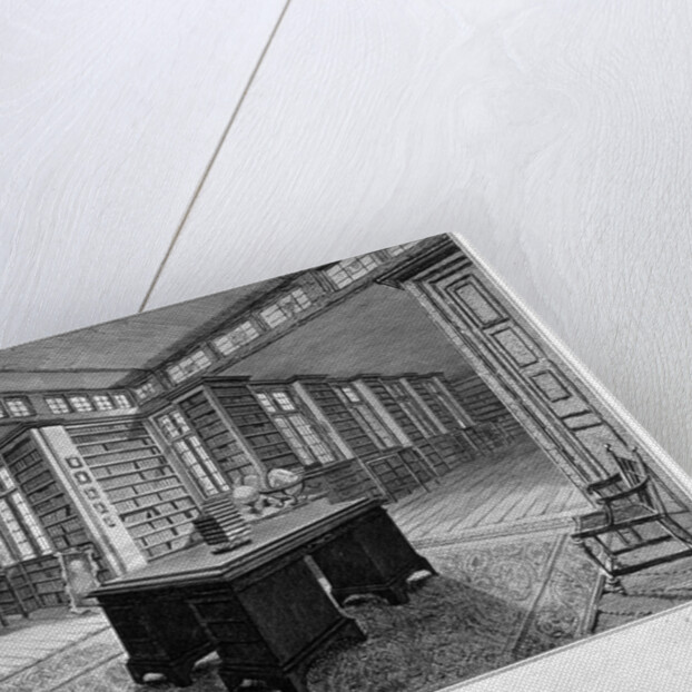 Interior view of the library at Lambeth Palace, with a desk in the foreground by John Roffe