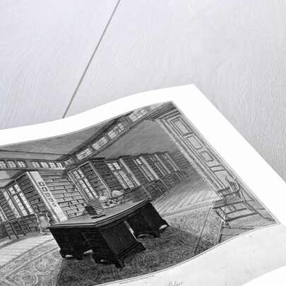 Interior view of the library at Lambeth Palace, with a desk in the foreground by John Roffe
