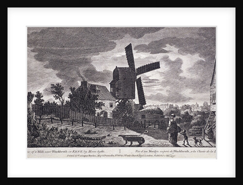 A mill on Blackheath by moonlight; including figures and a windmill, Greenwich, London by John June