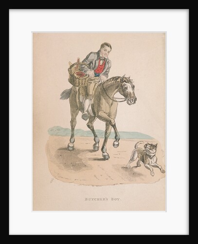 Butcher's boy riding a horse accompanied by a dog running ahead, carrying a basket of meat by Anonymous