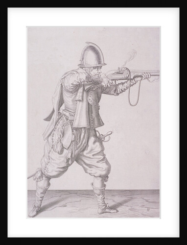 Figure in military clothing firing a musket and wearing a sword by Anonymous