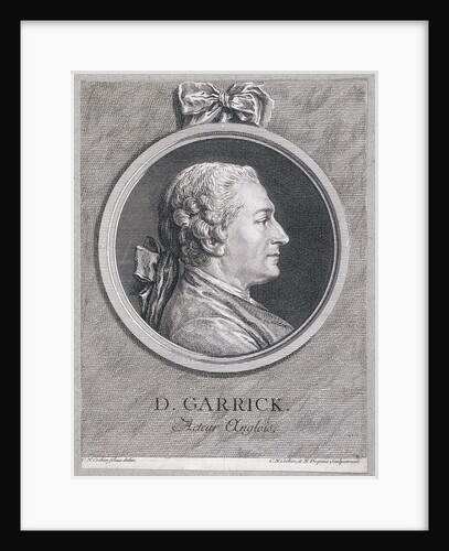 Oval portrait of the actor David Garrick wearing a short wig, with surround by Charles Nicolas Cochin