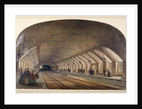 Interior of Baker Street Station showing platforms and an approaching train, London by Kell Brothers