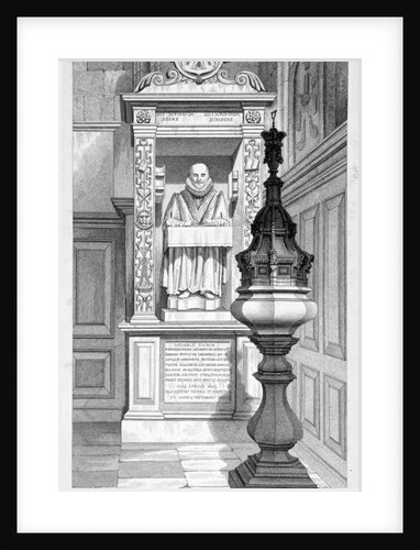 Monument to John Stow and font in St Andrew Undershaft by John Le Keux