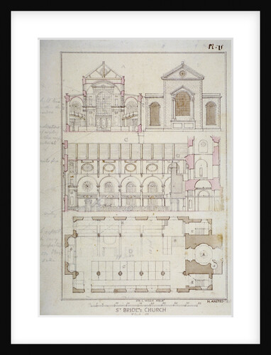 Section, elevation and ground plan of St Bride's Church, Fleet Street, City of London by H Ansted